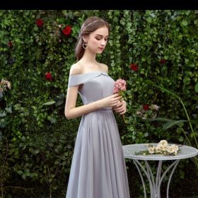 Bridesmaid Long Gray Bridesmaid Sisters Wedding Slimming Off-shoulder Banquet Dress (Option: Gray F-2XL)